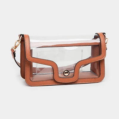 Solid Faux Leather Transparent Rectangle Shoulder Bag: Tan