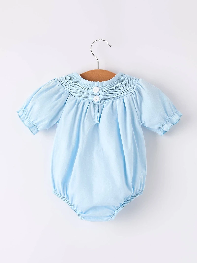 Girls Cross Smocking Embroidered Blue Romper