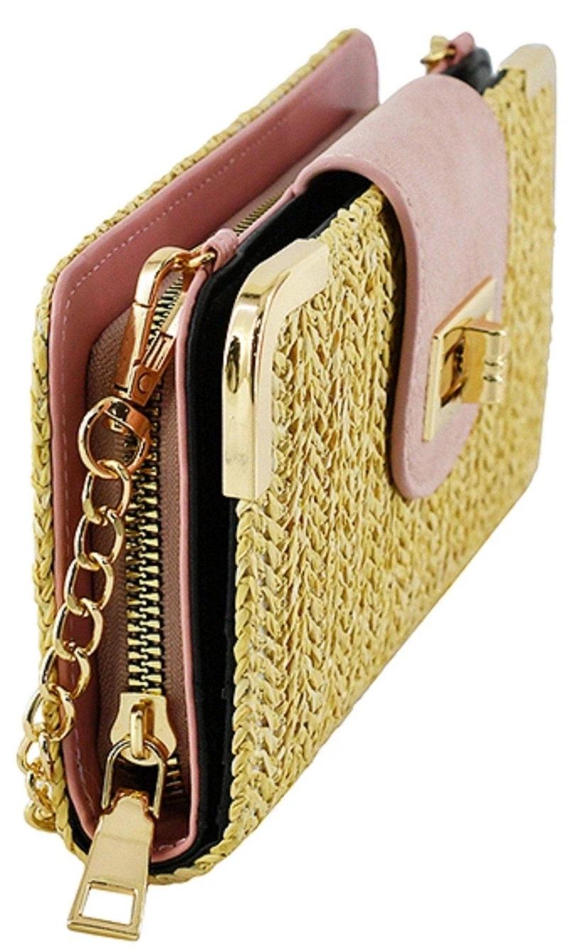 Straw Turn Lock Crossbody Wallet