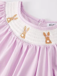 Girls Easter Bunny Smocking Embroidered Lace Cuff Purple
