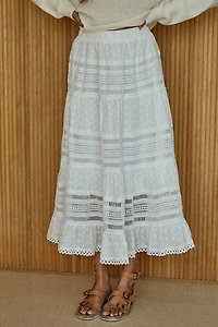 Woven Eyelet Lace Midi Skirt