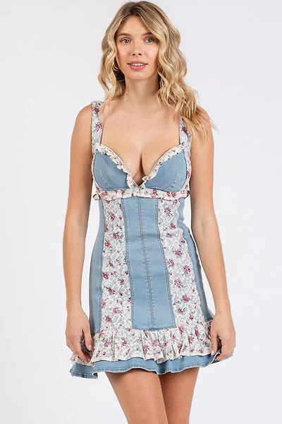 Pink Floral Denim W/ Lace Ruffle Mini Dress