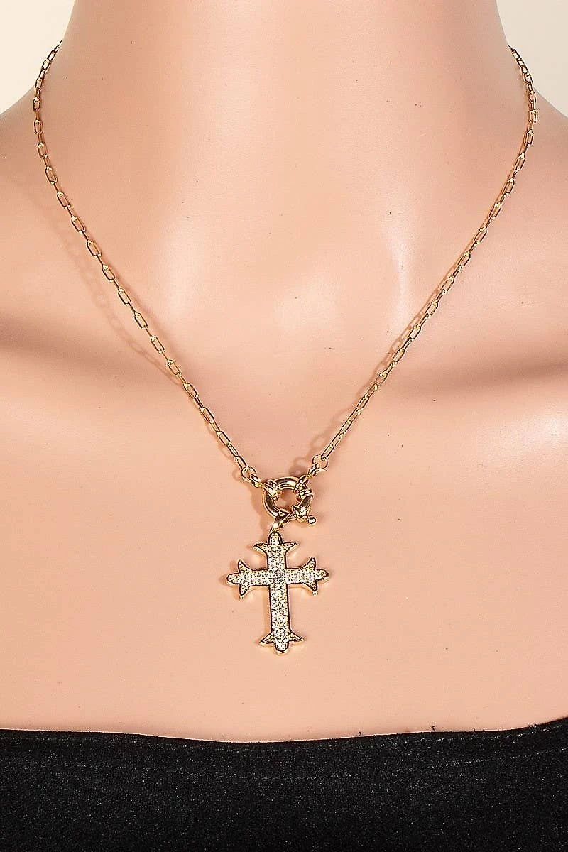 Intricate Pave Gothic Cross Pendant Chain Necklace