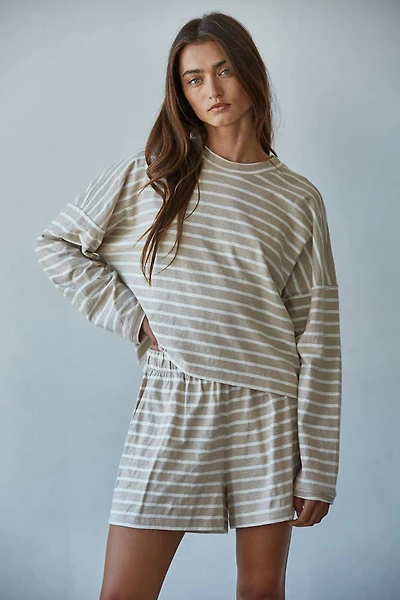 Beige & White Striped Mock Neck Long Sleeve