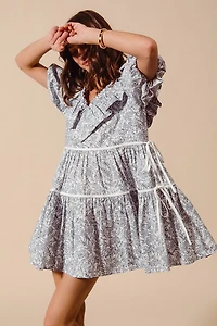 Off White & Navy Printed Ruffle V-Neckline Dress