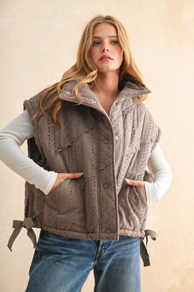 Mocha Lace Trim Puff Vest