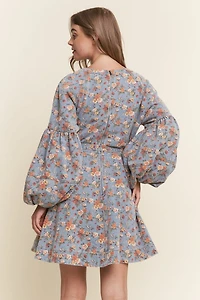 Floral Print Balloon Sleeve Denim Dress