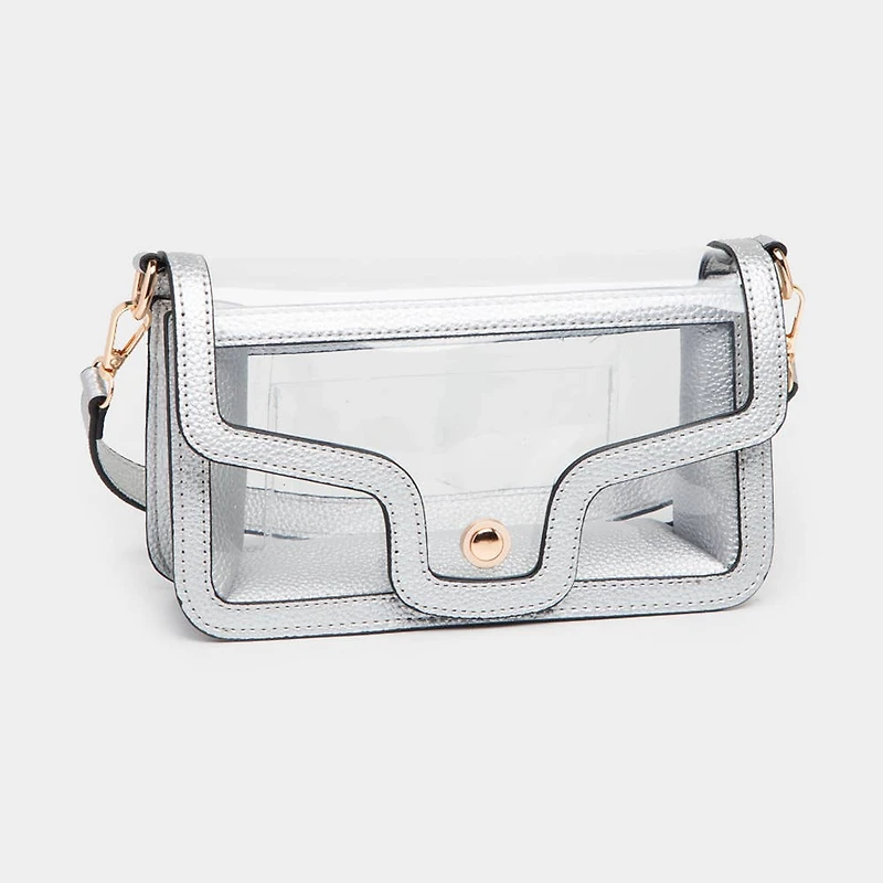 Solid Faux Leather Transparent Rectangle Shoulder Bag: Tan