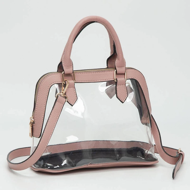 Faux Leather Trim Transparent Structured Top Handle Handbag / Crossbody Bag: Clear, Black