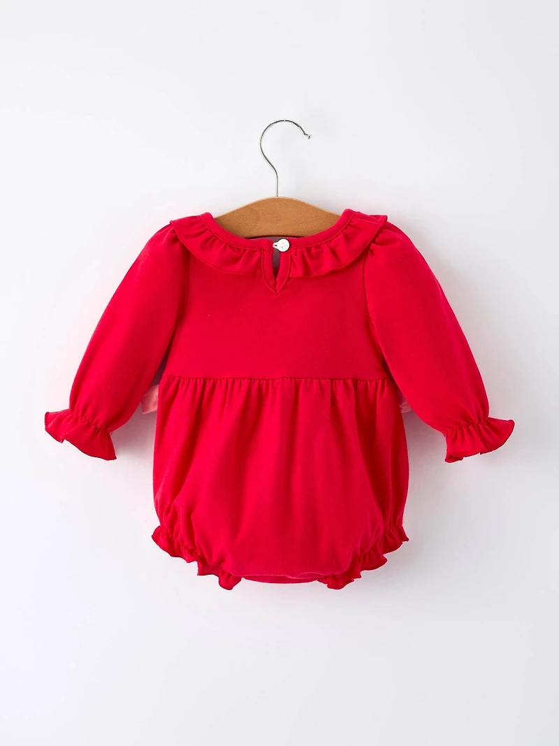 Christmas Smocked Embroidery Baby Girls Romper with Pink Ribbon Ties