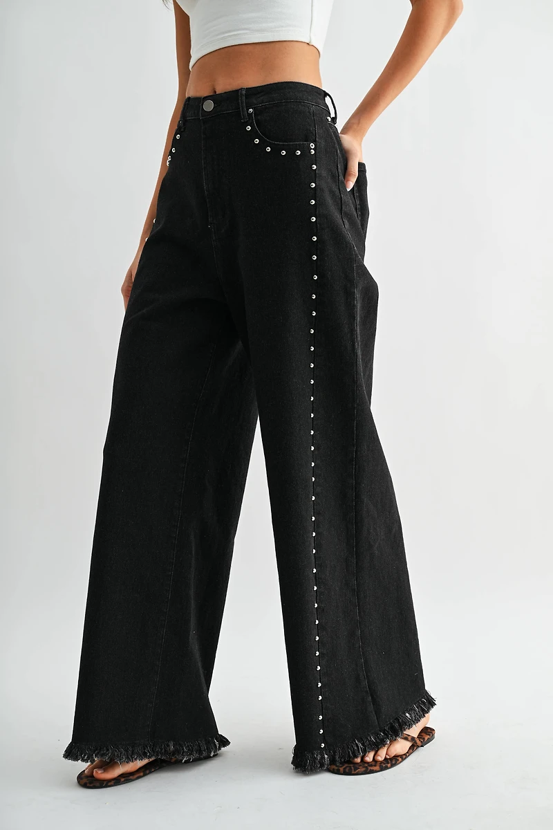 Black Wide-Leg Denim Stud Pants