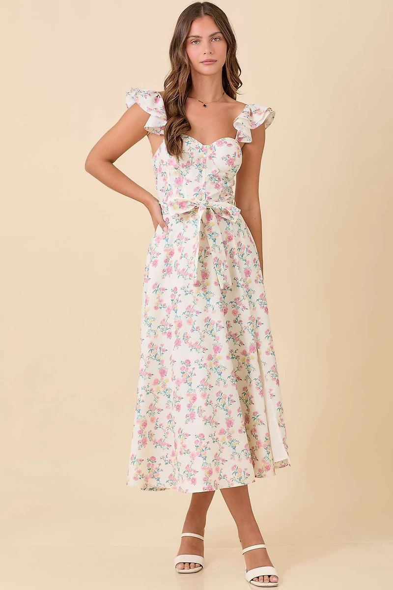 Ivory Floral Ruffle Midi Dress
