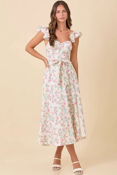 Ivory Floral Ruffle Midi Dress
