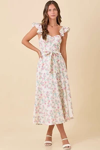 Ivory Floral Ruffle Midi Dress