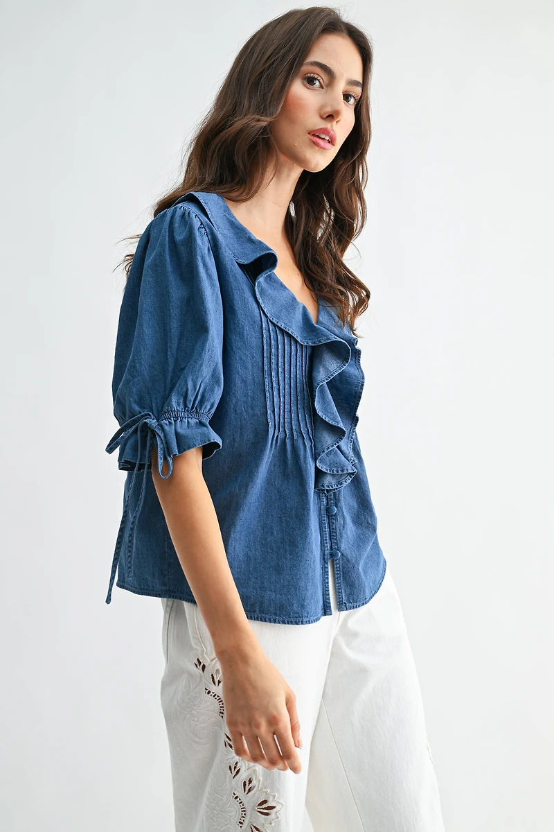 Denim Pleated Ruffle Blouse