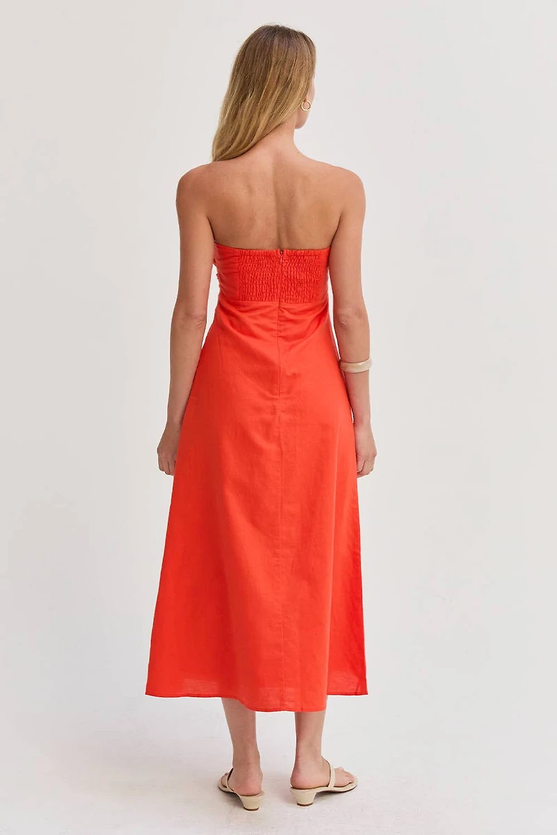 Orange Linen Front Twist Midi Dress