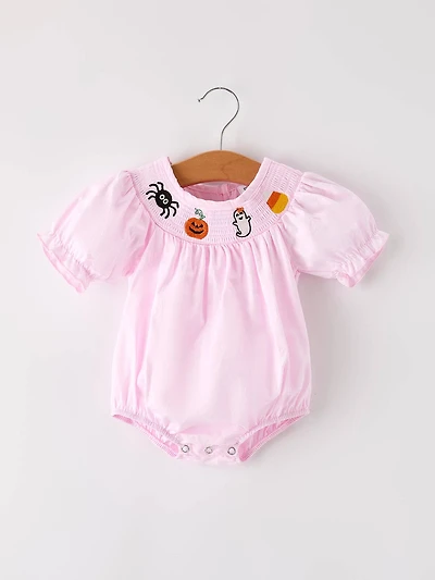 Fall Halloween Pink Spider Pumpkin Ghost Smock Embroidery Baby Girl Romper