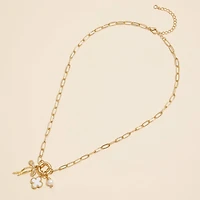 Gold Dipped Bow Charm Necklace with Clover & Pearl