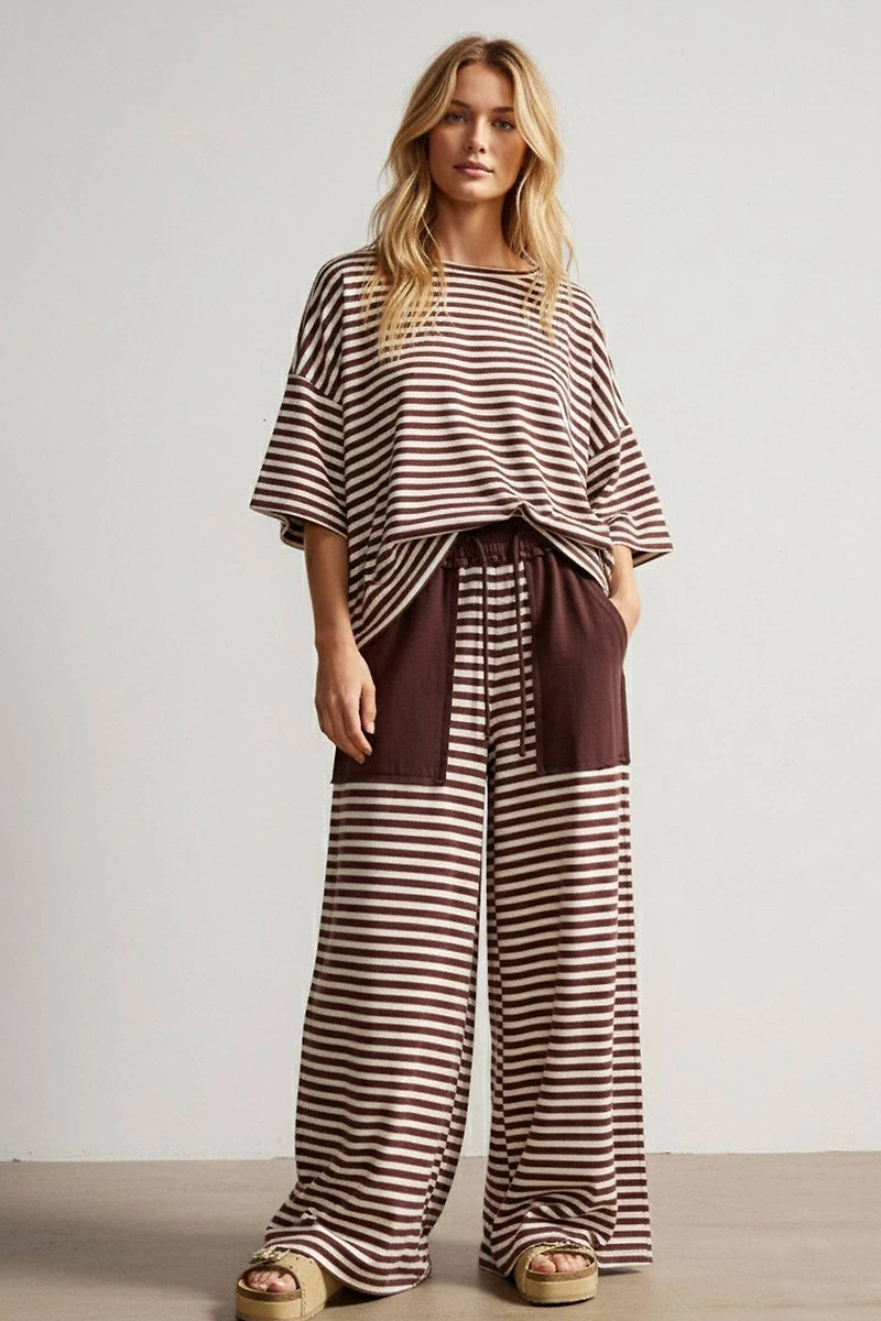 Brown & Ivory Striped Knit Lounge Set