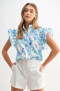 Blue Floral Ruffle Frilly Blouse