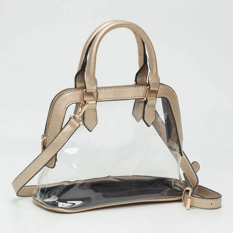 Faux Leather Trim Transparent Structured Top Handle Handbag / Crossbody Bag: Clear, Black