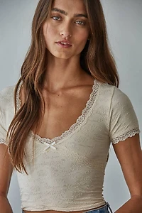 Cream Jacquard Pattern Seamless V-Neck Top