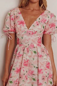 Pink Floral Puff Sleeve Maxi Dress