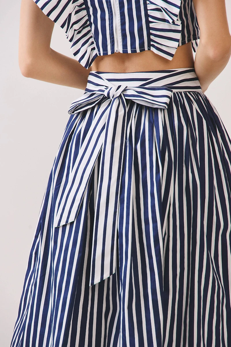 Navy Striped High Waist Midi Skirt