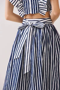 Navy Striped High Waist Midi Skirt