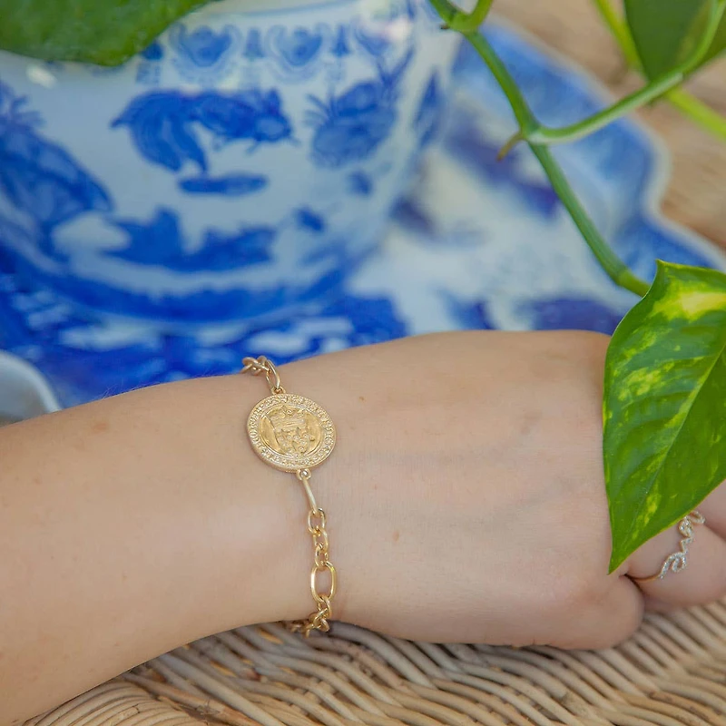 CANVAS Style x MaryCatherineStudio French Coin T-Bar Bracelet in Worn Gold