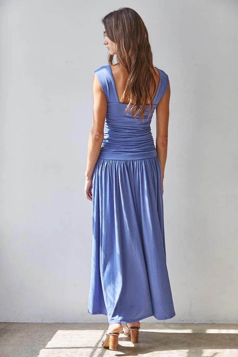 Blue Ruched Side Sleeveless Dress