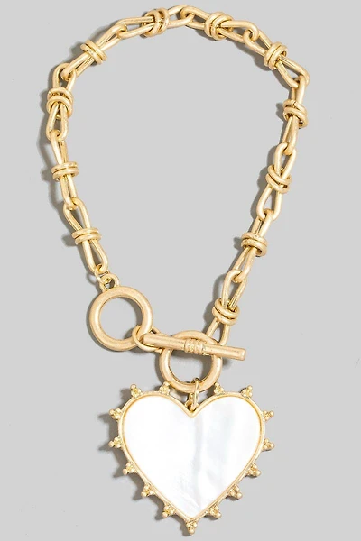 Mother Of Pearl Heart Charm Toggle Chain Bracelet