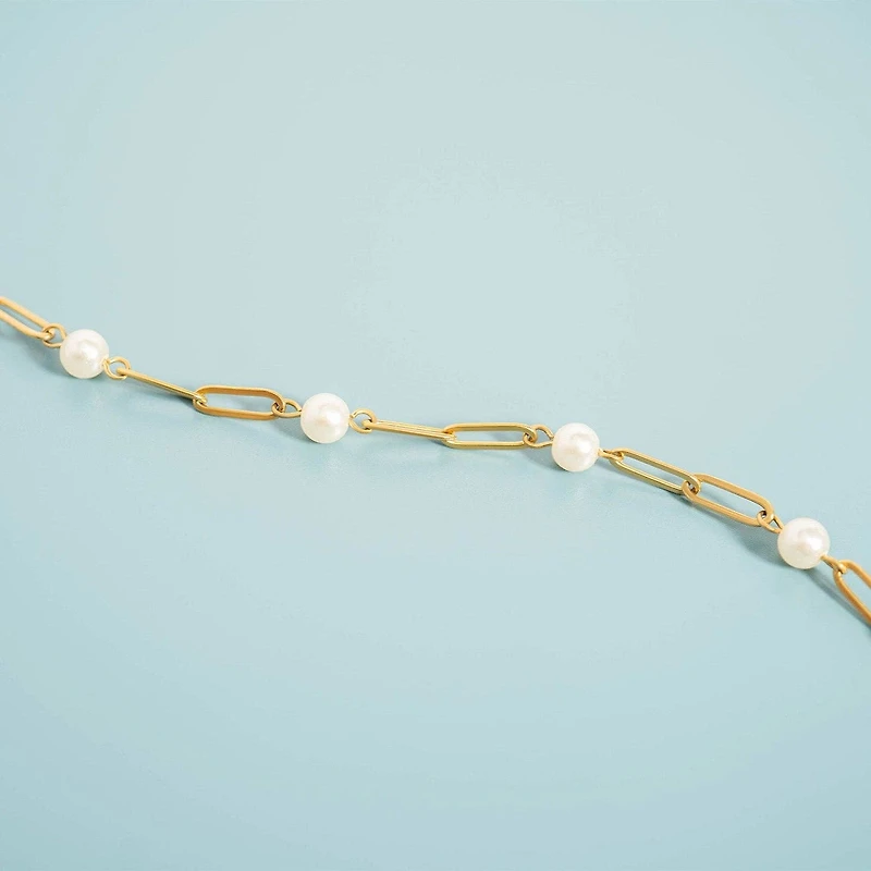18K Gold Steel Station Pearl Paperclip Chain Bracelet