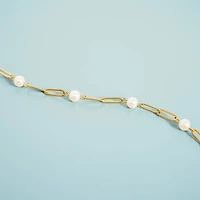 18K Gold Steel Station Pearl Paperclip Chain Bracelet