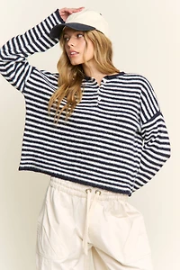 Navy Striped Henley Knit Sweater