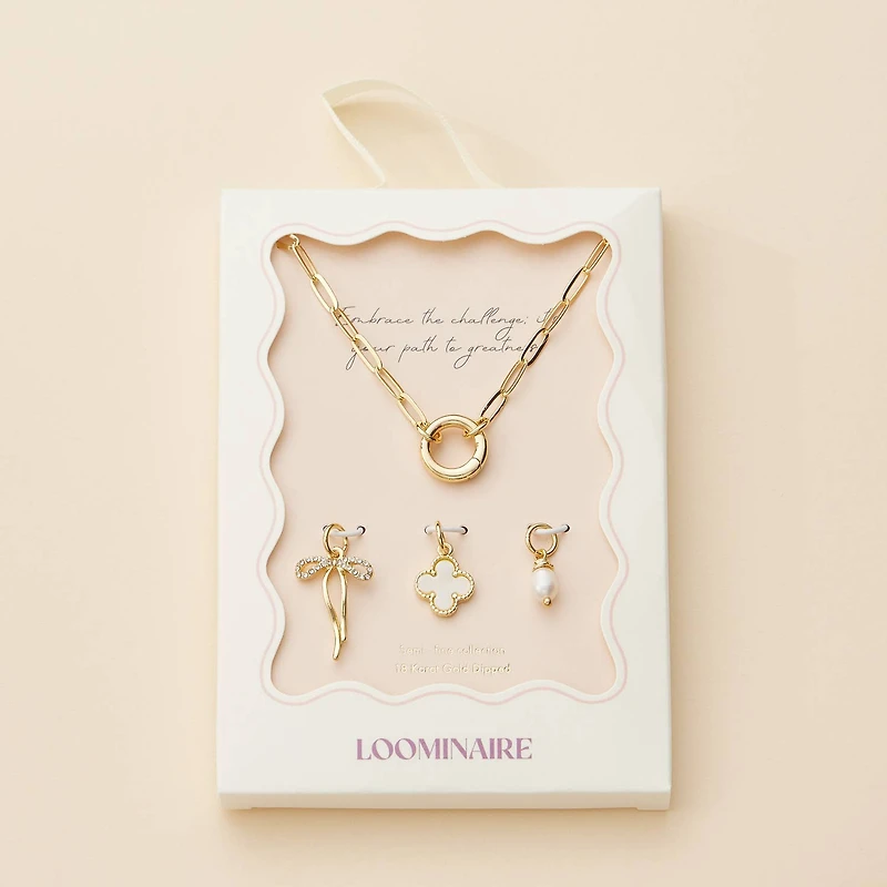 Gold Dipped Bow Charm Necklace with Clover & Pearl