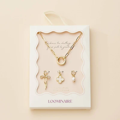 Gold Dipped Bow Charm Necklace with Clover & Pearl