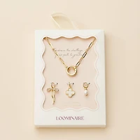 Gold Dipped Bow Charm Necklace with Clover & Pearl