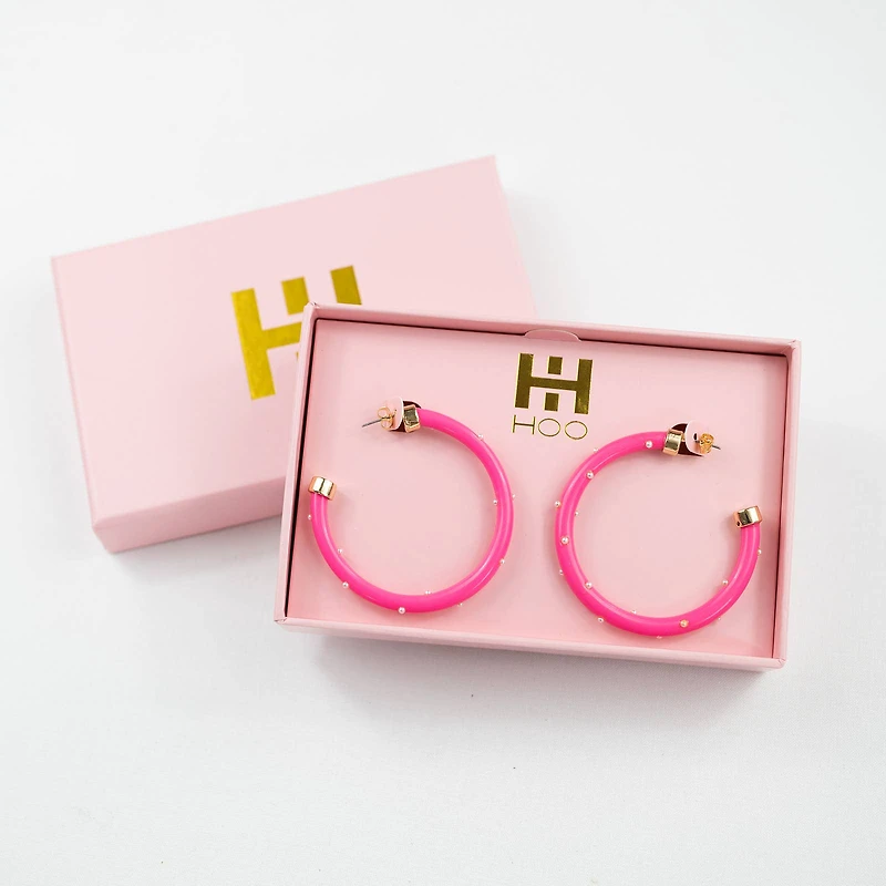 Hot Pink with Pearls Large Hoop Earrings