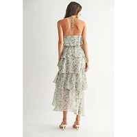 Green Floral Ruffle Tiered Maxi Dress