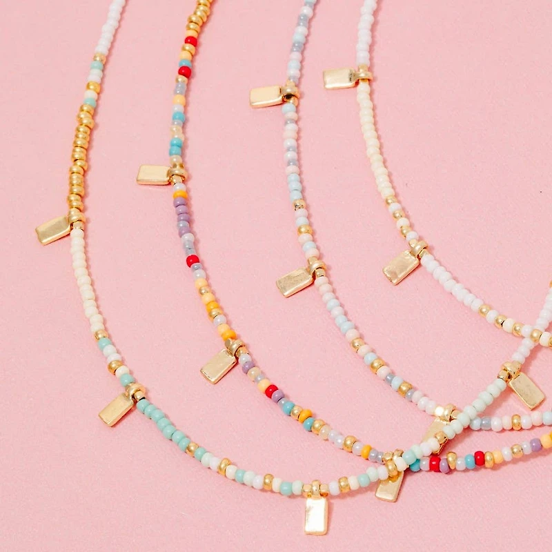 Rectangle Station Charms Seed Beaded Necklace