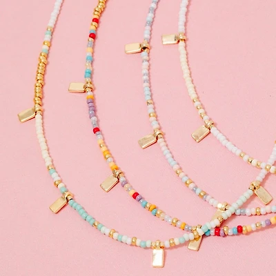 Rectangle Station Charms Seed Beaded Necklace