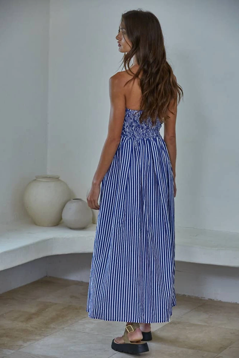 Striped Strapless Flare Maxi Dress