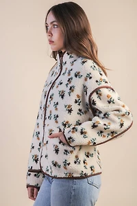 White Floral Printed Fleece Sherpa Jacket