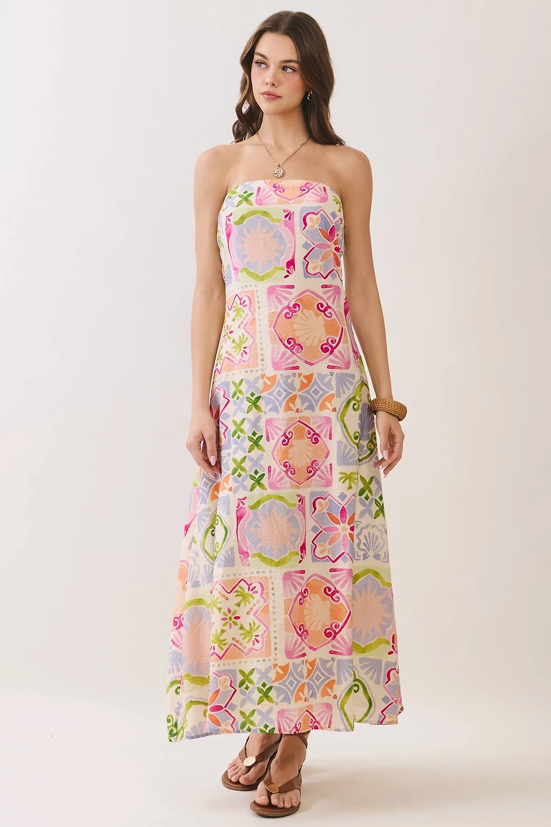 Tile Print Strapless Maxi Dress