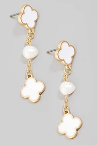 Clover And Fresh Water Pearl Dangle Chain Earrings