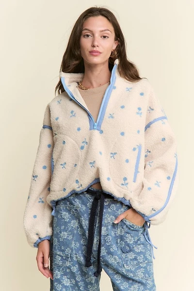 Floral Print Sherpa Zipper Pullover