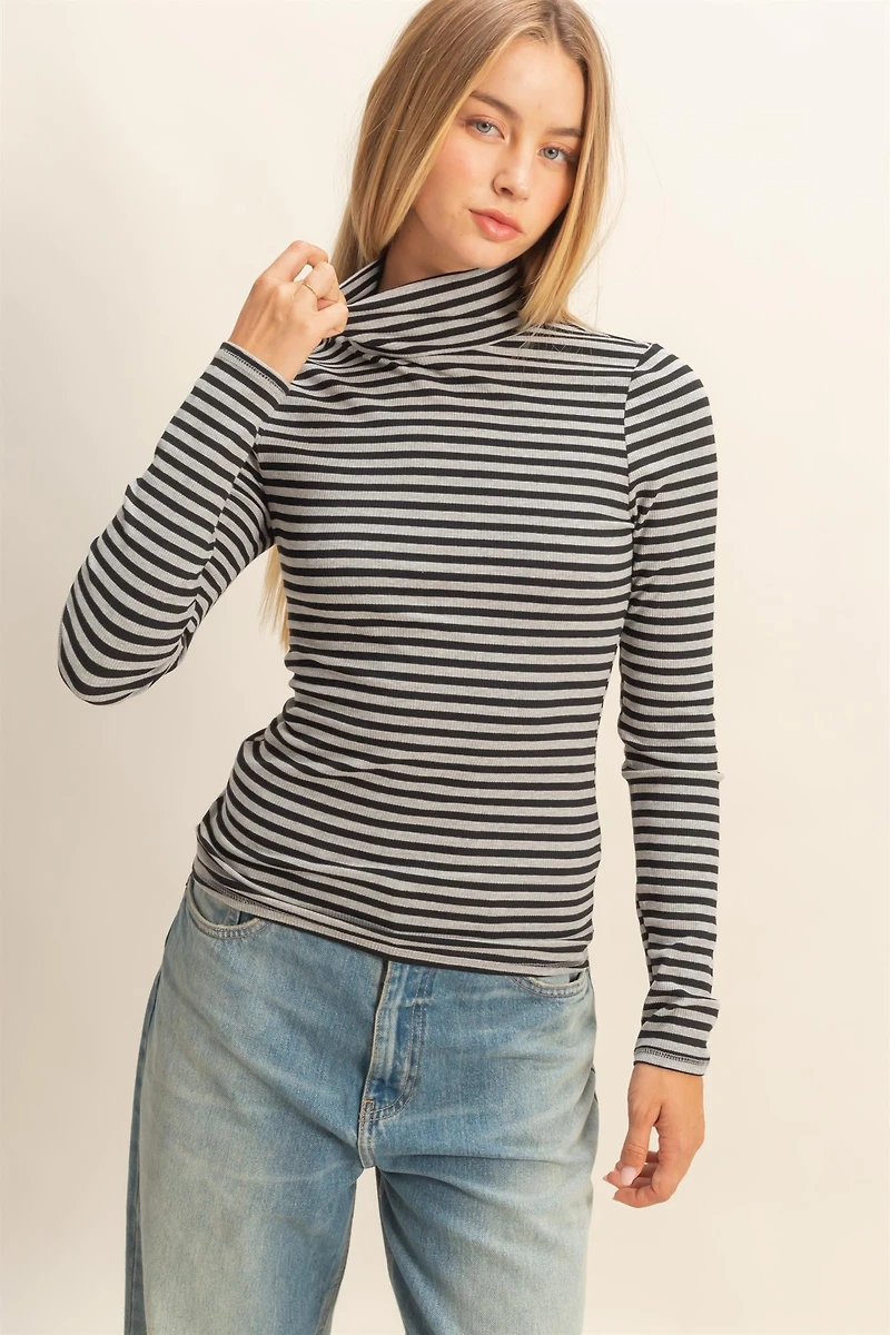 Black & Gray Stripe Turtleneck Top