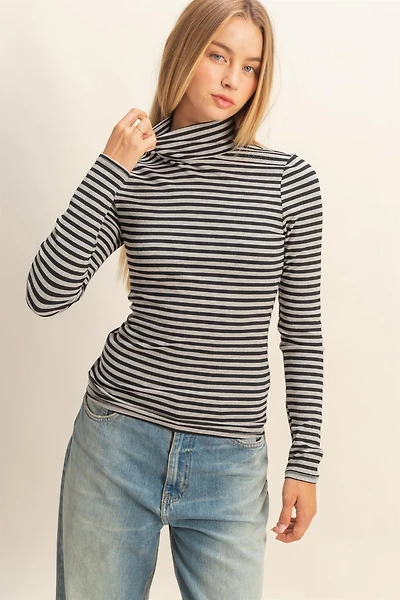 Black & Gray Stripe Turtleneck Top
