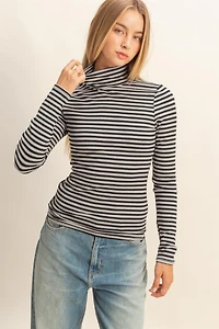 Black & Gray Stripe Turtleneck Top